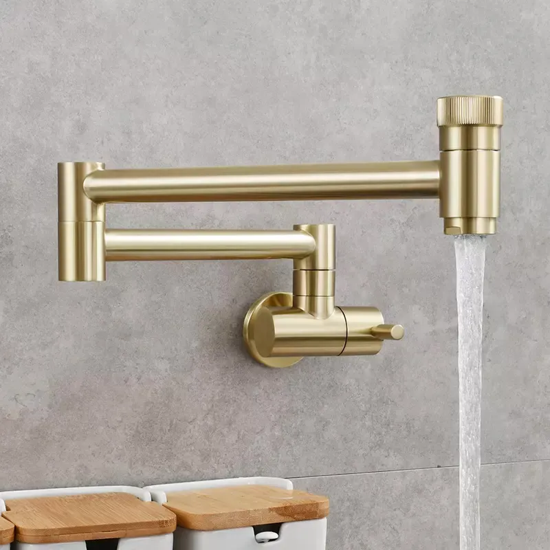 American Style Modern Brushed Gold Brass Fold Tap Wall Mounted Retractable Folding Pot Filler Kitchen Sink Water Faucet