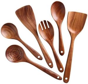 Ensemble d'ustensiles de cuisine en teck de qualité supérieure, 6 pièces, résistant au lave-vaisselle et au four, spatule et cuillère de service - Product Image 2