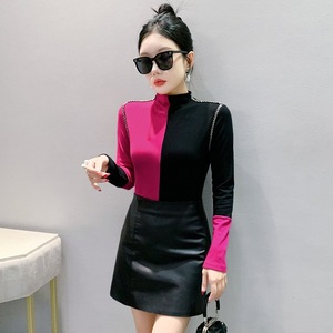 Nouveau haut chic pour <span class=keywords><strong>femme</strong></span>, <span class=keywords><strong>col</strong></span> semi-montant, <span class=keywords><strong>noir</strong></span> et rouge prune, couleurs vives, tendance automne-hiver - Product Image 4