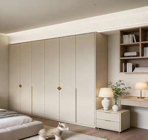 Cream Leather-Finish Built-in Wardrobe - Rounded Edges & Gold Diamond Accents, Spacious Bedroom <b>Storage</b> <b>Cabinet</b> - Product Image 5