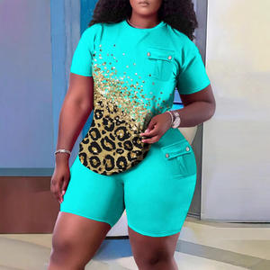 BH1468 <span class=keywords><strong>femmes</strong></span> été décontracté imprimé poche à rabat pantalon costume au-dessus du genou longueur un ensemble avec hauts courts tissu à tricoter - Product Image 2