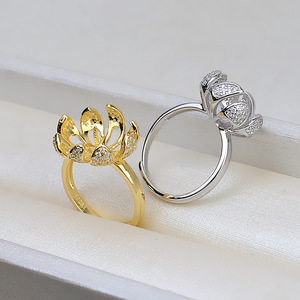 S925 Silver <b>Lotus</b> Open Ring 9-11 Pearl Adjustable DIY Finger Ring Removable <b>Jewelry</b> Findings Components Empty Support for 201 - Product Image 2