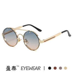 Retro <b>Round</b> <b>Frame</b> <b>Sunglasses</b> Metal Spring Temples Double Bridge Steampunk Style Men UV400 Protection Gold - Product Image 4