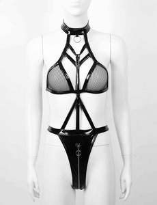 Populaire Custom Nieuwe Mesh Faux Lederen Holle Rits Uit Één Stuk Bikini Pu Sexy Lingerie - Product Image 3