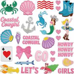New Iron on Embroidered Sea Theme Howdy <b>Shell</b> Wave <b>Crab</b> Boots Coastalcowgirl Patch for Clothing Hat Bag Decoration - Product Image 1