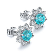 Elegante Vintage Silber-Ohrstecker mit Blauem Kristall-Mittelstein in Blumenform für Verlobung, Hochzeit, Partys & Geschenkanlässe