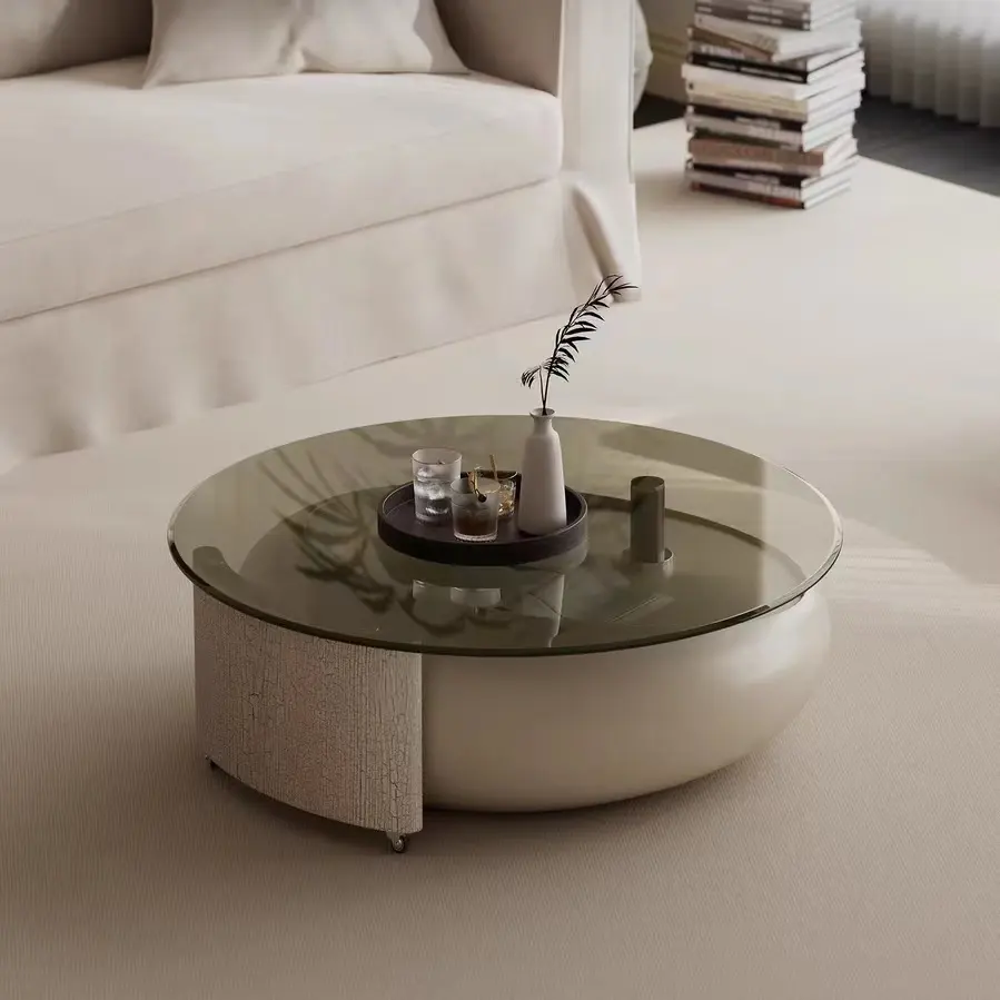 طاولة قهوة زجاجية فاخرة حديثة دائرية بيضاء لغرفة المعيشة طاولة مركزية دوارة قابلة للتمديد