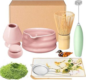 ชุดเครื่องตีชาเขียวชุดทำชามช้อนตักที่ใส่ชาแบบญี่ปุ่นอุปกรณ์เริ่มต้นของขวัญสำหรับพิธี (สีชมพู9แพ็ค) - Product Image 1