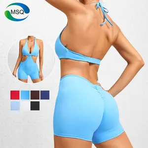 Logo kustom baju terusan wanita, Jumpsuit Halter Up seksi padat potongan tanpa punggung, pakaian aktif olahraga Gym, Romper latihan satu potong celana pendek