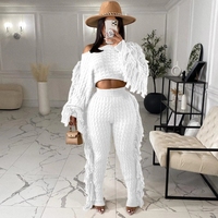 Nouvel ensemble deux pièces pour femme : pull à pompons, haut court à manches longues uni + pantalon – Tenue de survêtement mode automne-hiver