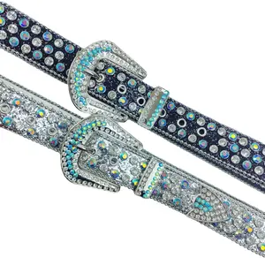 Fashion hot sale rock star big buckle leather rhinestone belt luxury designer women Bling Bling white diamond belts