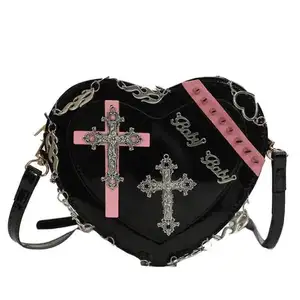 2023 Hot Sale Luxury Women Punk Rivet Cross Purse Designer Y2K Cute Girl Heart Clutch black patent leather Handbag