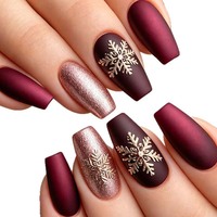 24 faux ongles à presser en ABS, couvrance totale, forme cercueil, luxe, bordeaux mat, paillettes dorées flocon de neige, pour l'hiver et Noël, avec colle