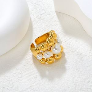 Fashion <b>Rings</b> Geometric Gold Plated Pearl Beaded <b>Adjustable</b> Unisex Party Jewelry - Product Image 3