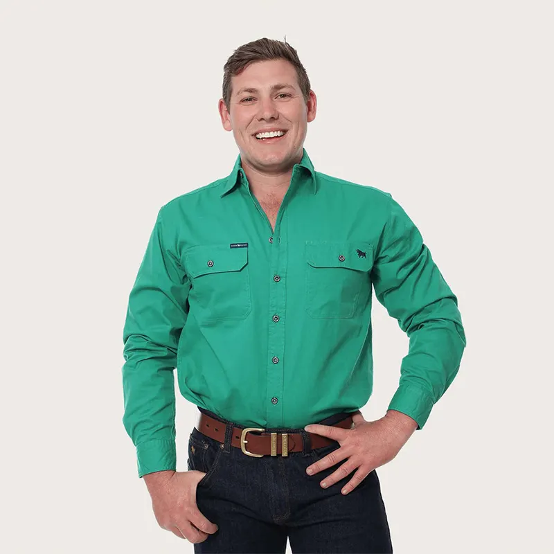Benutzer definiertes Logo 100% Baumwolle Button Up Herren Cargo Country Work Shirt Großhandel Grün Langarm Workshirt Für Männer