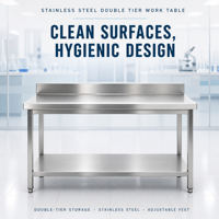 Table de travail commerciale en acier inoxydable avec dossier, finition brossée mate, modulaire, extensible, pieds réglables en hauteur, pour cuisine