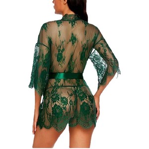 <span class=keywords><strong>Ensemble</strong></span> de chemise de nuit en satin et dentelle pour femmes - Robe de nuit transparente avec ceinture et culotte, robe transparente grande taille, <span class=keywords><strong>lingerie</strong></span> sexy en gros - Product Image 3