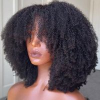 Perruque Afro en cheveux brésiliens vierges, entièrement fabriquée à la machine, transparente, sans colle, avec frange, installation facile, pour usage quotidien et rendez-vous décontractés