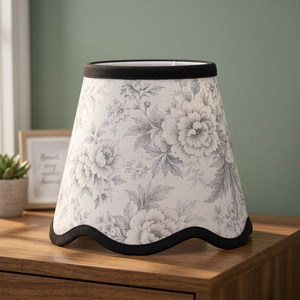 Premium Cotton Floral <b>Lampshade</b> | Vintage <b>Grey</b> & White Botanical Printed Fabric Shade with Scalloped Edge & Black Contrast Trim - Product Image 2