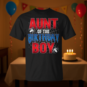 T-shirt Aunt Of The Birthday Boy con motivo a ragnatela, manica corta, girocollo, per adulti, ideale per feste - Product Image 3