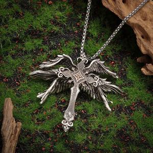 Vintage American Style Hip Hop Trend Necklace Silver Six Wings Angel Wings <b>Cross</b> Pendant on Link <b>Chain</b> Made of Zinc Alloy - Product Image 4