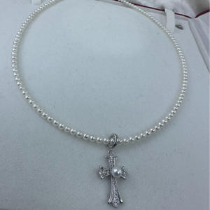 Zhuji 3-4MM Round Flawless Freshwater Pearl <b>Necklace</b> S925 <b>Silver</b> <b>Cross</b> Retro Punk Style Fashion Pendant <b>Necklace</b> - Product Image 4