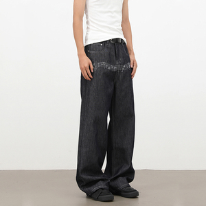 Pantalon en jean à motif musical brodé, design rétro, couleur originale - Pantalon long décontracté ample à jambe droite pour hommes et femmes - Product Image 4