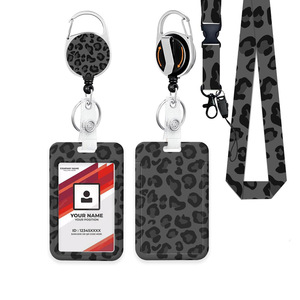 In stock: Gray leopard print retractable easy-pull <b>buckle</b> mountaineering keychain card holder, double-sided UV printed lanyard, - Product Image 1