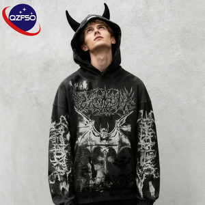 QZFSO personalizzato Vintage lavaggio acido DTG stampa Logo Pullover pesante Streetwear angosciato strano corno del diavolo <span class=keywords><strong>felpa</strong></span> <span class=keywords><strong>con</strong></span> <span class=keywords><strong>cappuccio</strong></span> - Product Image 1