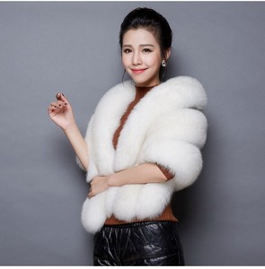 Women's Winter Eco-Friendly Faux Fox <b>Fur</b> <b>Shawl</b> <b>Black</b> and White Luxury Big Thick Long Strips Style for Bride Wedding - Product Image 5