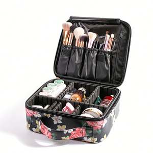 Bolsa de Maquillaje Vintage Negra de PU con Estampado Floral Digital, Diseño en Blanco, Cierre de Cremallera, Accesorios de Viaje en Varios Tamaños - Product Image 6