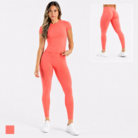 Ensemble de yoga sans couture pour femmes, 2 pièces, haut à manches courtes, leggings taille haute avec effet ventre plat, respirant, tenue de sport pour la salle de gym