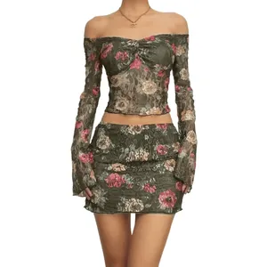 Custom Y2K Summer Long Sleeve Floral Printed V Neck Crop Top And Mini Skirt Coord Set Women 2 Piece Set Outfits