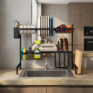 Estante ajustable de 2 niveles para fregadero, organizador de cocina de metal con soporte para platos y cesta para utensilios - Product Image 5