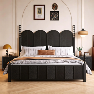 Premium Black Solid Wood Bed Frame French Vintage Multi-arched Panel Carved Headboard Turned Post Bedroom Furniture Stable Home - Product Image 1