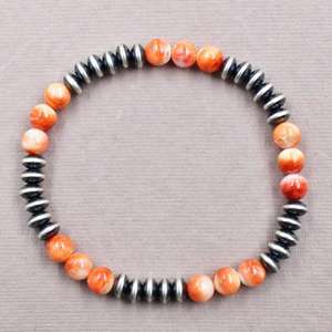 Bracelet extensible fait main en argent sterling, perles et turquoise d'huître épineuse orange - Product Image 2