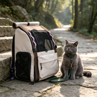Sac à dos de transport pour animaux de compagnie, mignon et tendance, en nylon léger, pour chat et chien, avec support en forme de L, base robuste, porte zippée ouverte