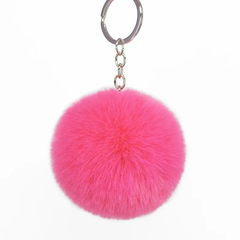Hot sale cheap 7cm Faux Fur Pom Pom Keychain Bag Purse Charm silver Ring Fluffy Fur Ball