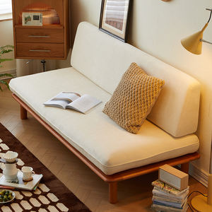 Sofá Cama de Madera Maciza Estilo Japonés, Sin Brazos, Tamaño Doble, para Salas de Estar Pequeñas y Apartamentos, Diseño Retro Simple en Tela - Product Image 1