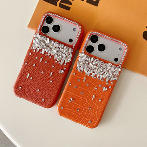Étui de téléphone en cuir <span class=keywords><strong>orange</strong></span> à motif crocodile avec diamants pour iPhone 17 16 15 14 Pro 13 Pro Max – Coque arrière de luxe antichoc ornée de diamants - Product Image 3