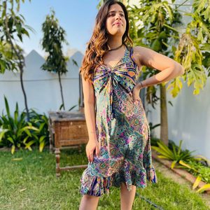 <b>Boho</b> Vintage Floral Dresses Gypsy Hippie Women Short Apparel Light Weight Dress Indian Beach Attire One Piece Stylish Women Wear - Product Image 1