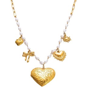 Collar con colgante de corazón chapado en oro de 18 quilates con dijes de perlas y circonitas para mujer, regalo, joyería, accesorio de moda - Product Image 5