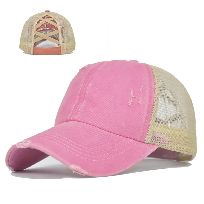 女の子のためのウォッシュドディストレストコットンデニムポニーテール調節可能な野球帽