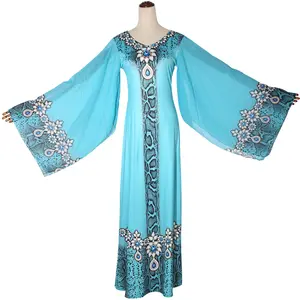 이슬람 슬림 v 넥 인쇄 긴팔 긴 드레스 아프리카 플러스 사이즈 여성 의류