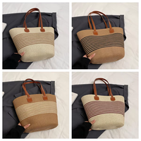 Tas Tote Kasual Wanita Stripe Kapasitas Besar Hundred Seaside Beach Rattan Wovenr dengan Penutup Ritsleting untuk Wanita