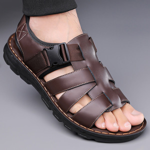 Men's Leather Sandals Soft Sole Summer Casual Wearable Slippers <b>Driving</b> Beach <b>Shoes</b> - Product Image 3