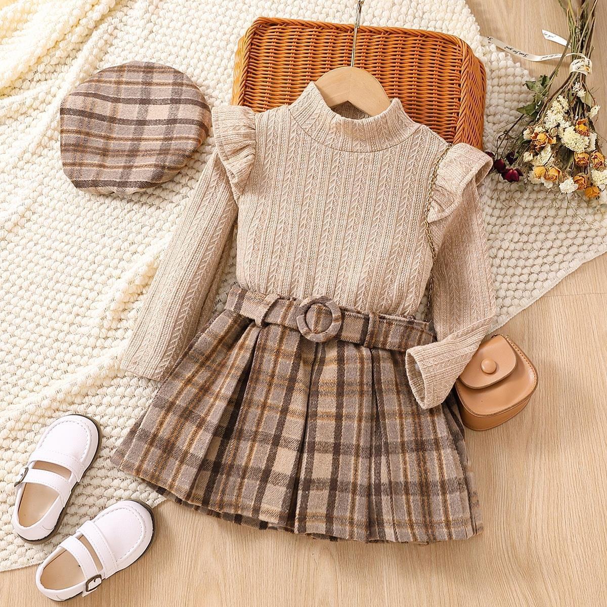 Fashion Girl Clothes Set Children Long Sleeve Top With Plaid