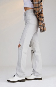 Ripped Hole Distressed Women <strong>White</strong> Denim Jeans Trendy Straight Fit <strong>Lady</strong> <strong>Trousers</strong> Jeans Washed Denim Cargo Pants for Women - Product Image 6