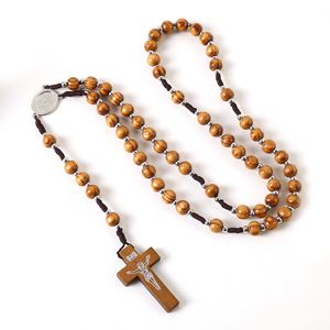 Rosario Católico con Cruz y Crucifijo, Cuentas de Madera Natural de 10mm, Aleación de Zinc Tejida, Joyería Cristiana de Jesús, Venta al Por Mayor - Product Image 2