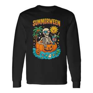 Summerween <b>Skeleton</b> Vibes Chillin In <b>Pumpkin</b> Float Long Sleeve T-Shirt - Product Image 1